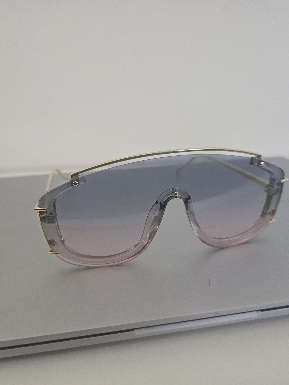 New Oversized Gradient Blue-Pink Shield Sunglasses with Gold Frame